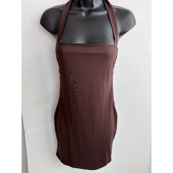 Brown Halter Neck Square Mini Bodycon Dress Size M Sexy Date Classy Cute Basics - Picture 1 of 9